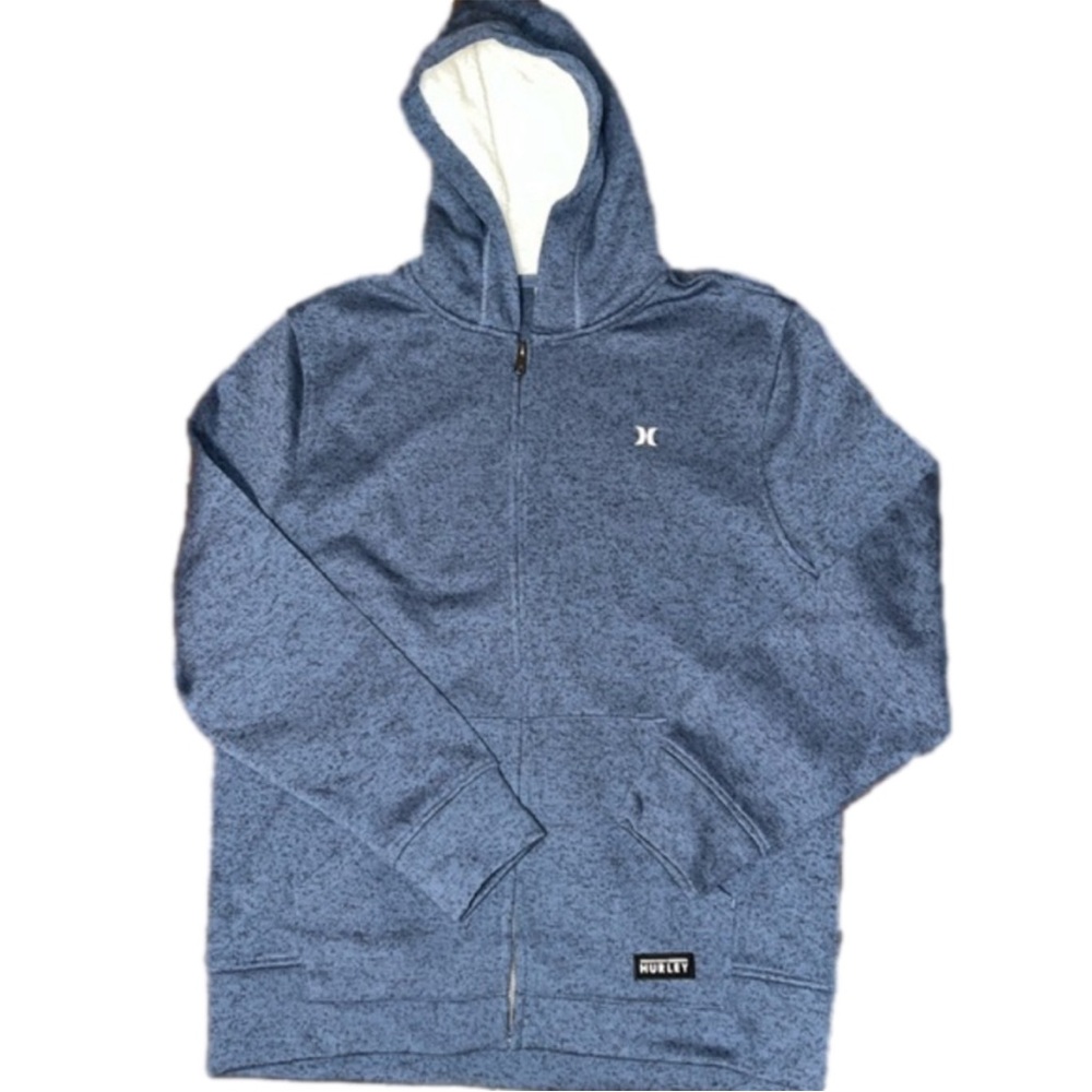 NWOT Hurley Men’s Blue Sweater Fleece Lined Hood Jacket. Size Medium.